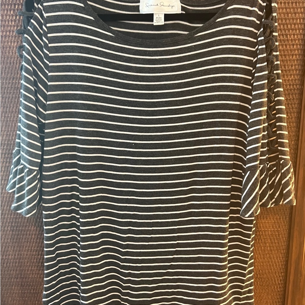 French Laundry Gray and White Striped Ruffle Sleeve Tee